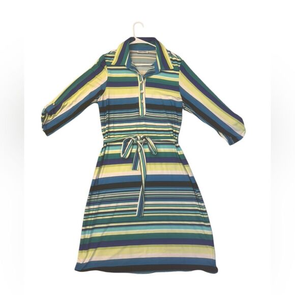 Shelby & Palmer Green/Blue/Lime/White Stripped Midi Dress w/ belt-size 14 - Picture 6 of 7